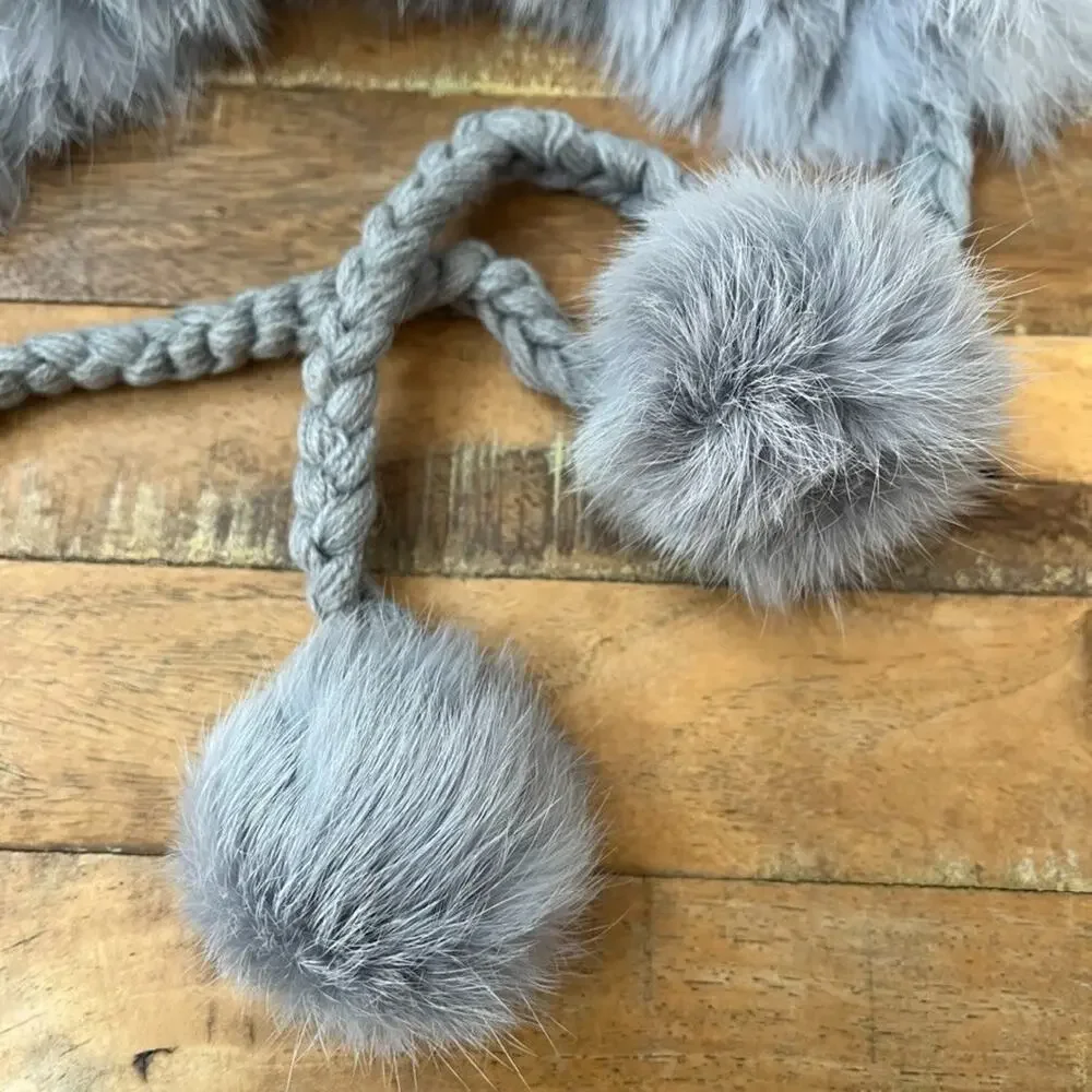 Gray Women's Trapper-Style Hat Braided Cable Knit Genuine Fur Trim